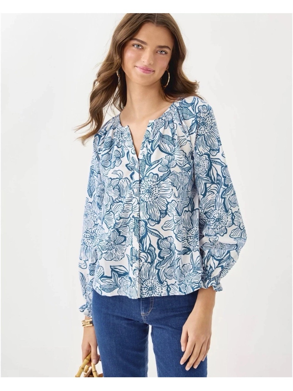 Lilly Pulitzer Aldina Blouse Coconut Unforgettable Blue 💙 Large New